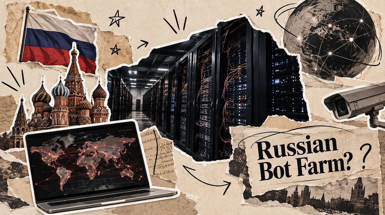 Collage with servers, a world map, surveillance imagery, and the words Russian Bot Farm