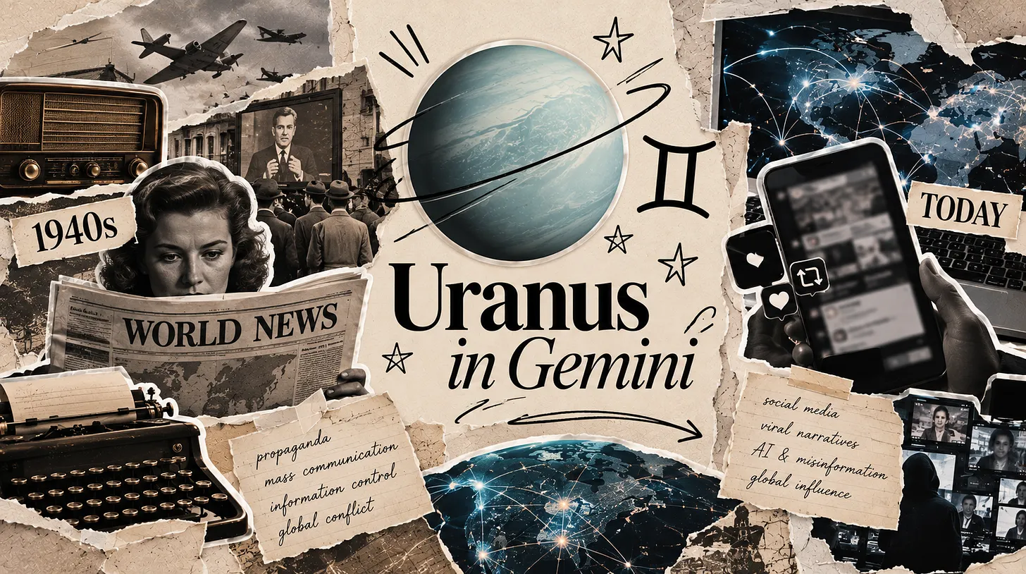 Collage of Uranus in Gemini, historic media, social media, and world news