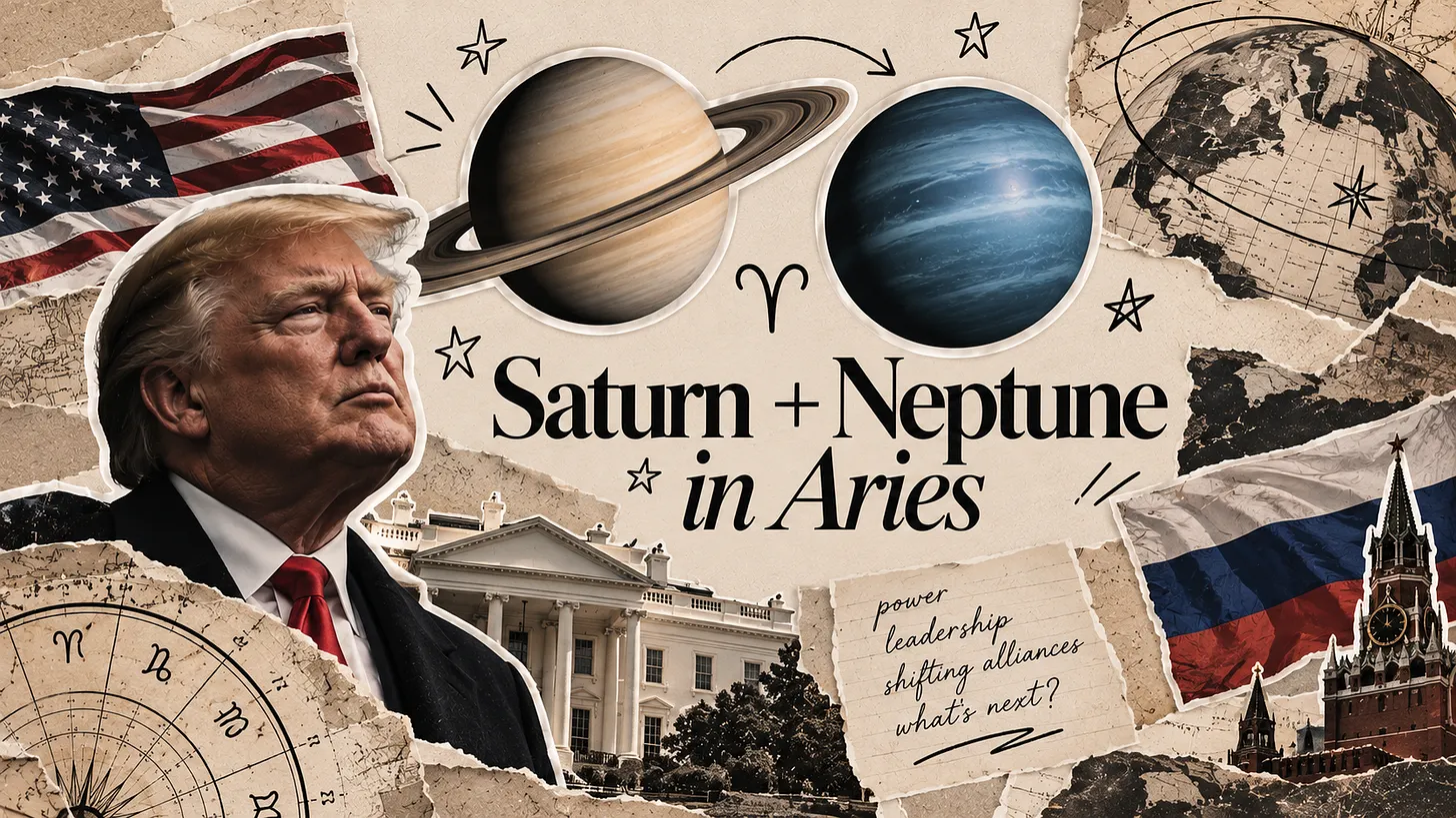 Collage of Saturn and Neptune, global imagery, and political power symbols